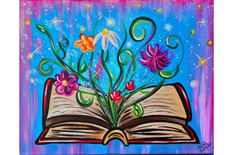 Painting of an open book with flowers coming out of the middle.