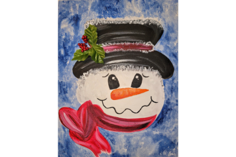 Painting of a snowman head with top hat and holly.